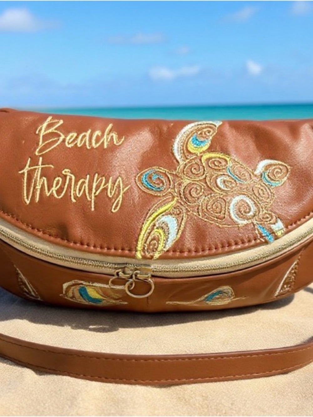 NEW HANDMADE 
Beach Therapy Rich leather Embroidered Turtles Sling Bum bag